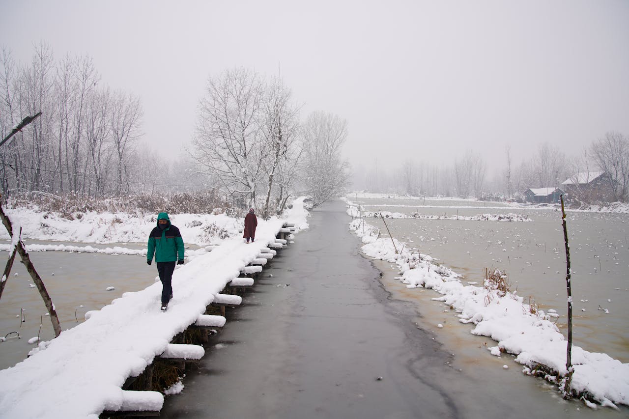 Stunning winter scene with snowfall covering a path in Jammu and Kashmir, perfect for seasonal backgrounds.
