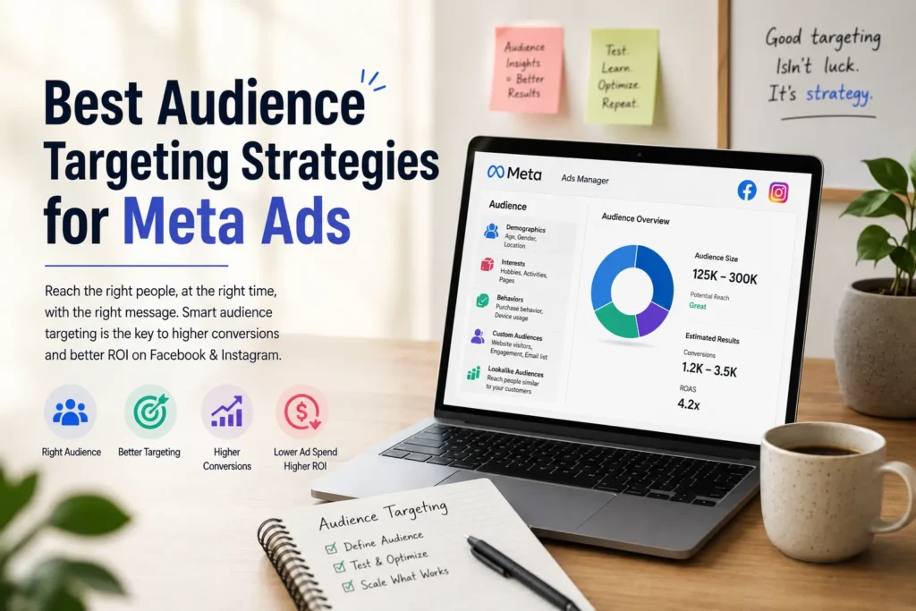 A digital marketer analyzing data on a laptop to optimize the best audience targeting strategies for Meta Ads.